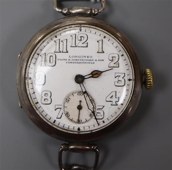 An early 20th century 800 white metal Longines trench style manual wind wrist watch